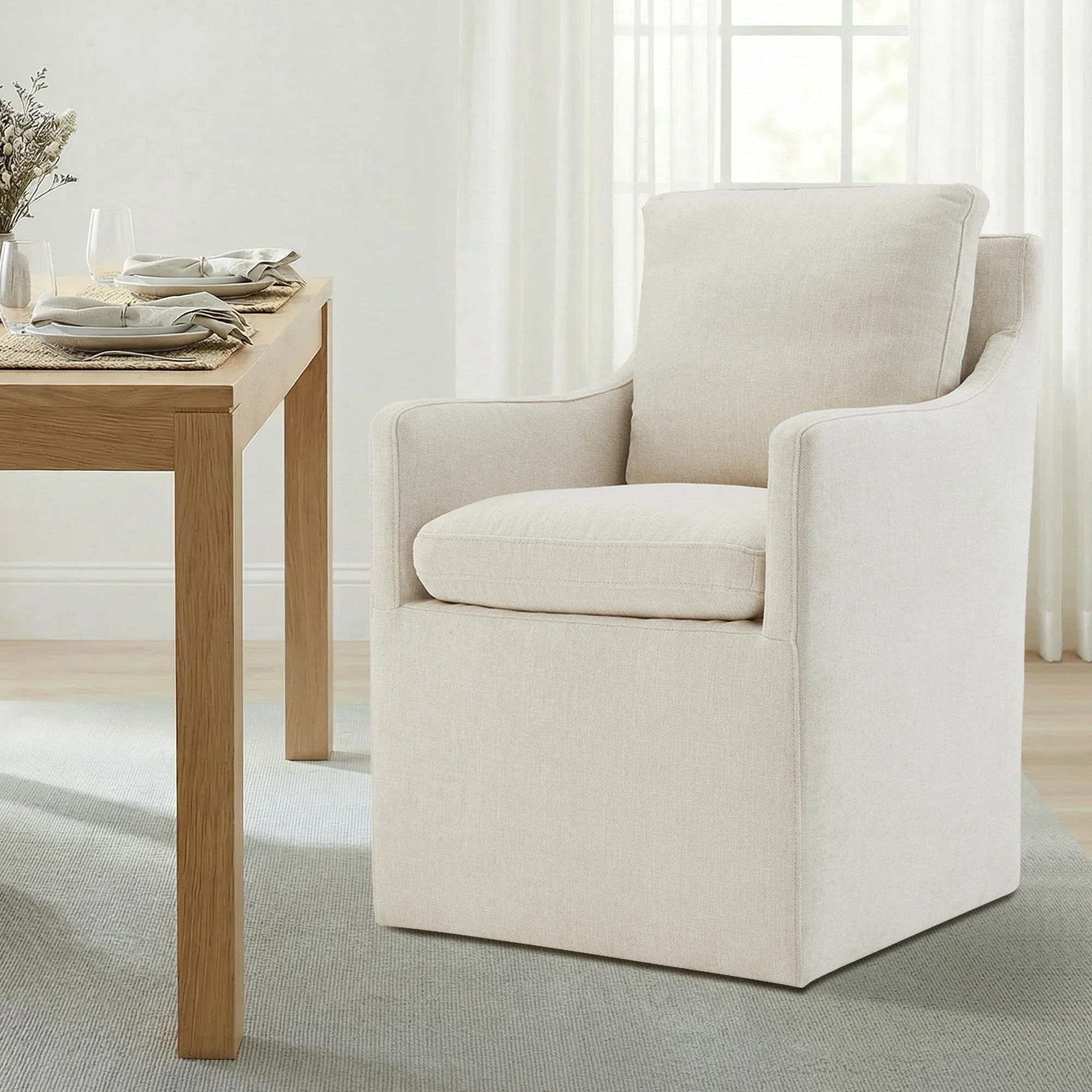 Spruce & Spring Modern Upholstered Dining Arm Chair with Casters No Assembly, Single, Linen Fabri... | Walmart (US)