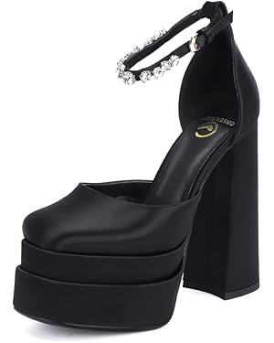 Women's Chunky Block Heels Platform Shoes Closed Toe Thick Heel Pumps of Ankle Strip with Rhinest... | Amazon (US)