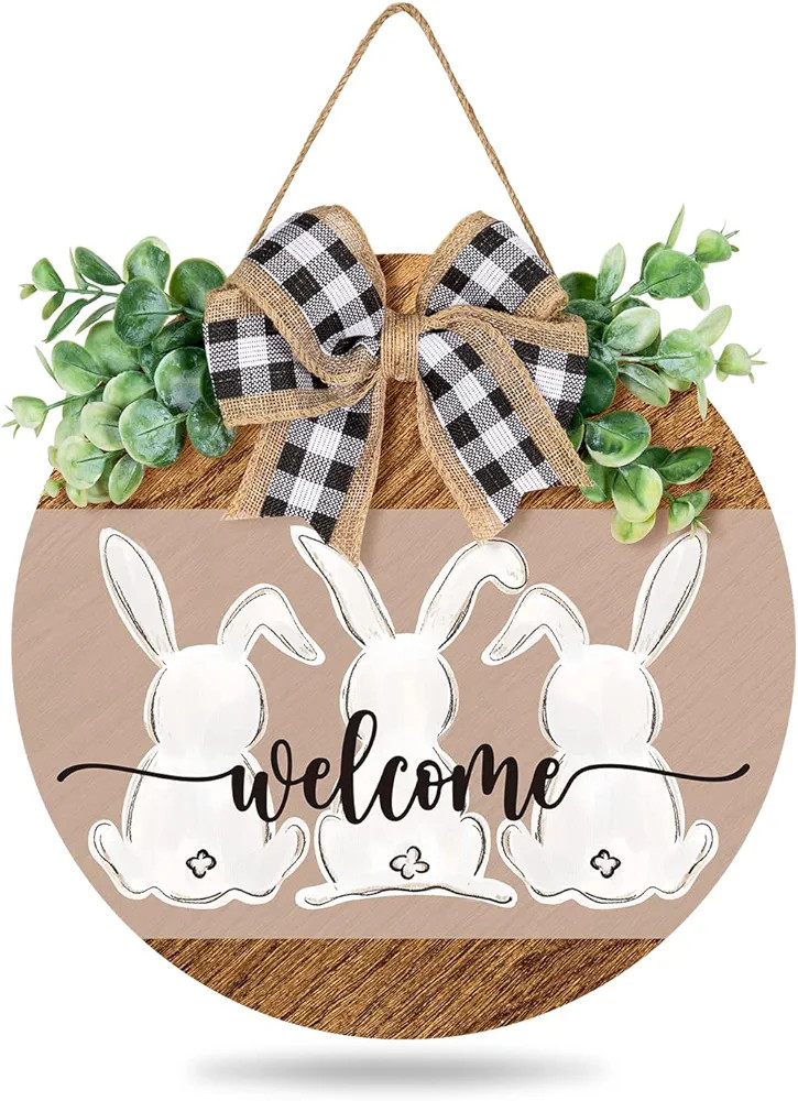 Whaline Easter Wooden Hanging Sign Bunny Rabbit Welcome Sign Door Decoration with Bow Rustic East... | Amazon (US)