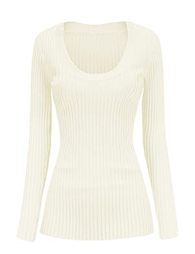 v28 Women Scoop Neck U-Neck Knit Long Sleeve Slim Fit Ribbed Sweater Tops (2XL, Beige) | Amazon (US)