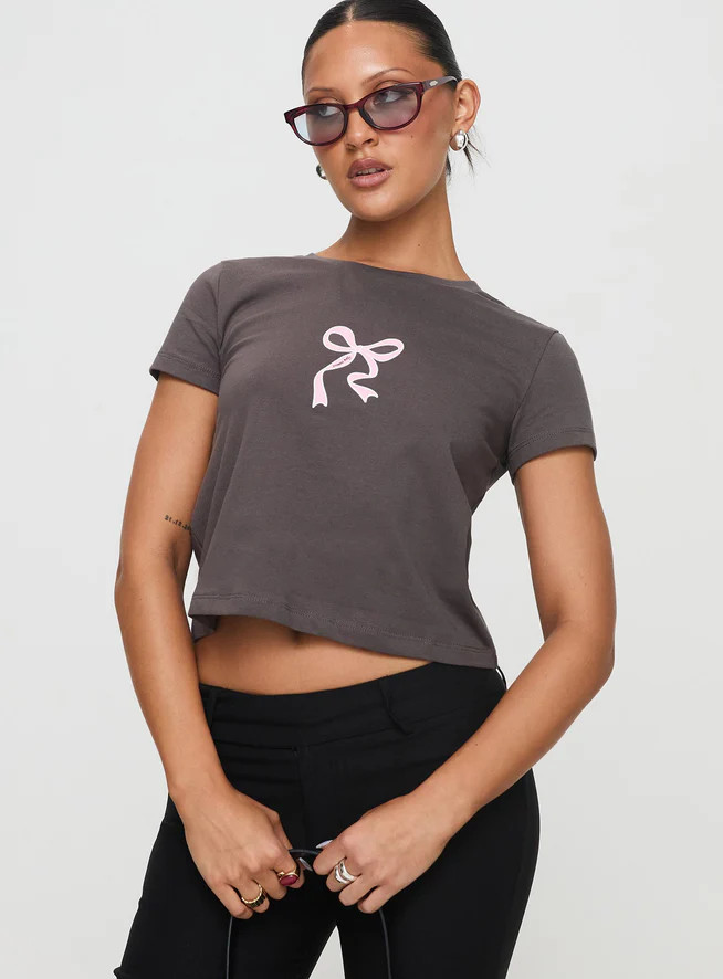 Polly Bow Tee Charcoal | Princess Polly US
