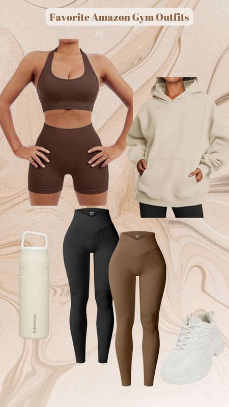 Neutral everyday flattering gym outfits. Stanley bottle, gym set, chunky sneakers, hoodie, pump cover up, v cut leggings

#LTKU #LTKfitness #LTKstyletip