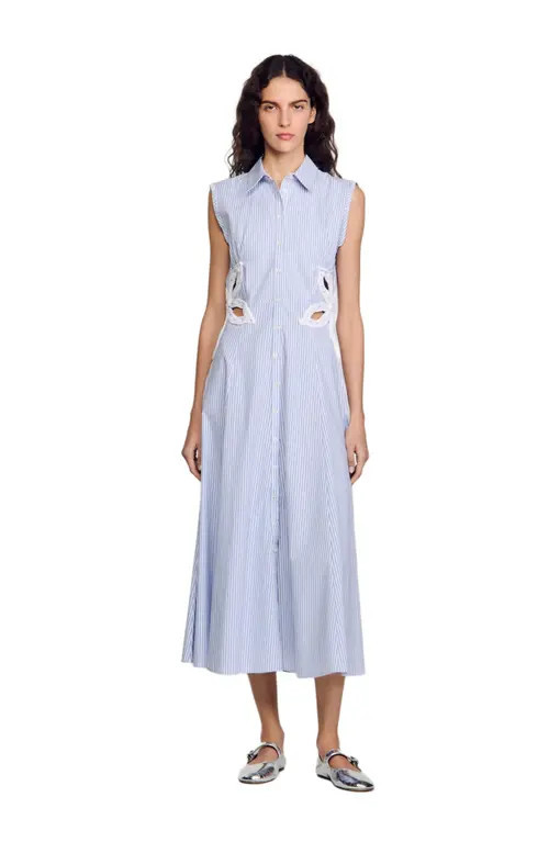 SANDRO Stripy embroidered maxi dress in Sky Blue at Nordstrom, Size 34 Eu | Nordstrom