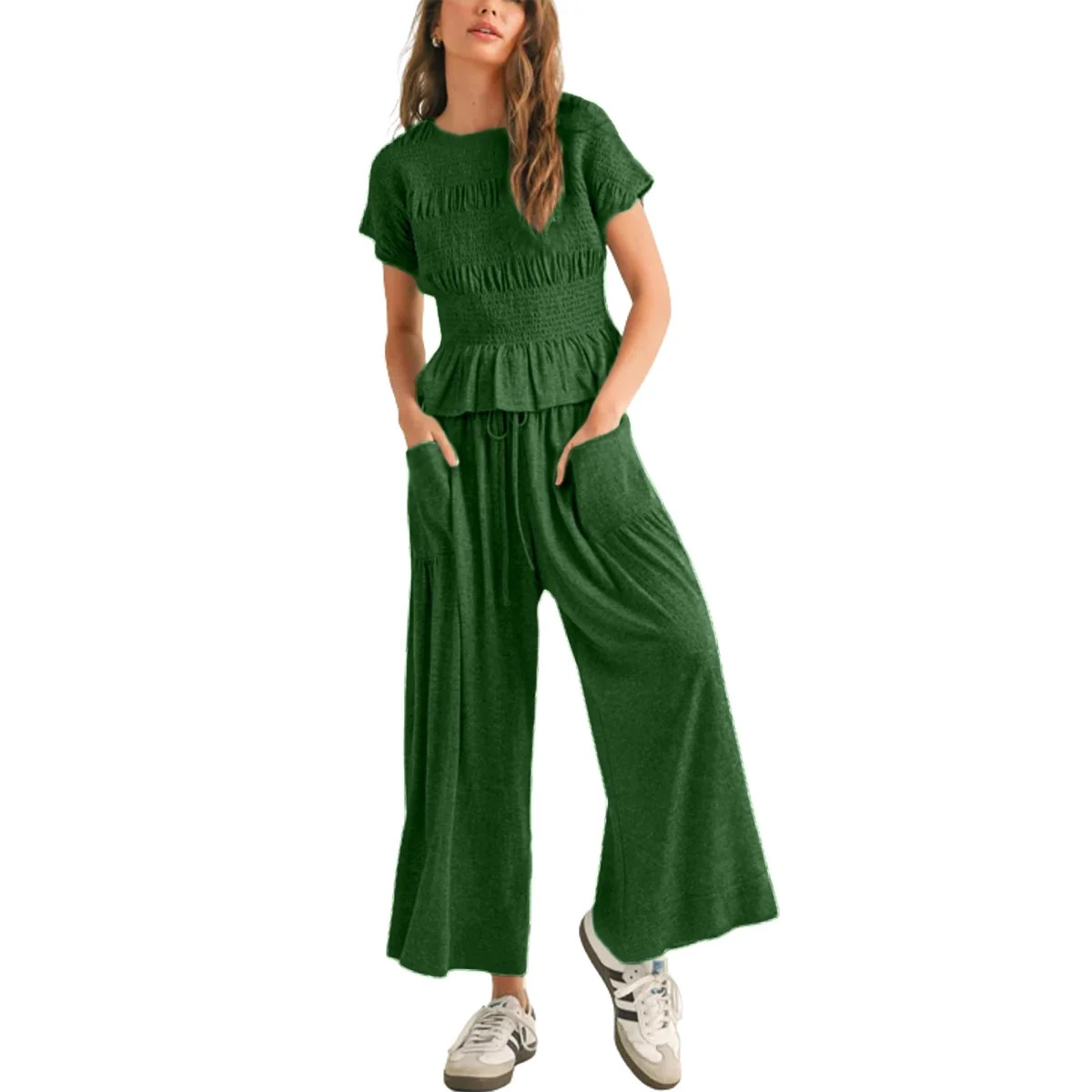 PUWEI Women's 2 Piece Smocked Top & High Waisted Wide Leg Pants Set Boho Matching Set Lounge Outf... | Walmart (US)