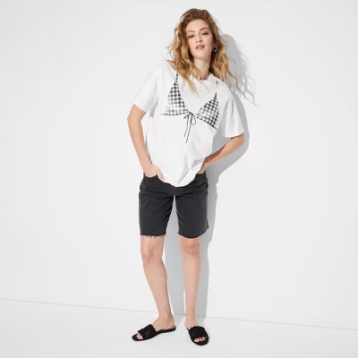 Women's Oversized Short Sleeve Round Neck T-Shirt - Wild Fable™ White Gingham L | Target