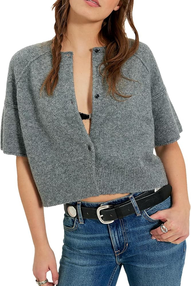 Womens Short Sleeve Knit Cardigan Sweaters Cropped Crew Neck Button Down Solid Color Sweater | Amazon (US)