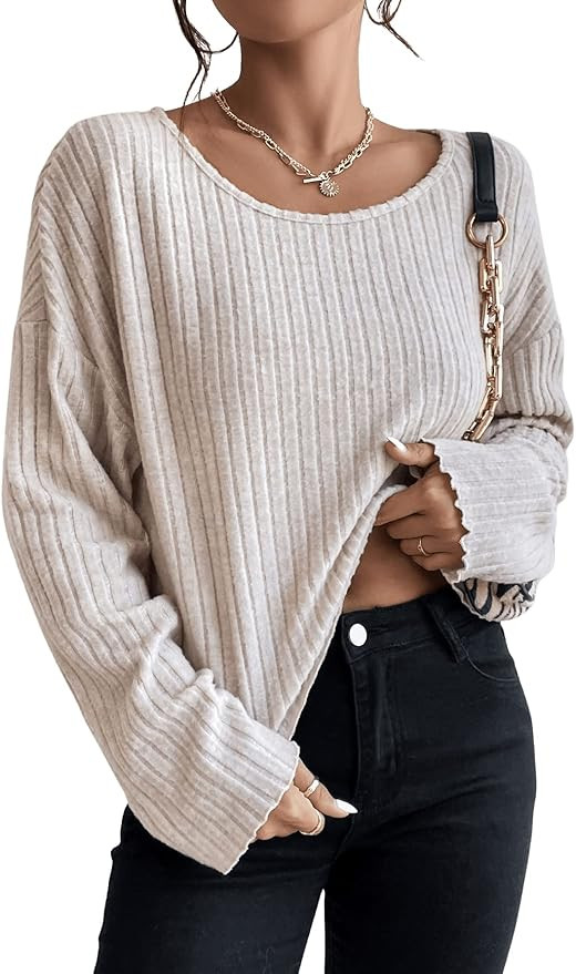 SweatyRocks Women's Long Sleeve Boat Neck Plain Tee Casual Drop Shoulder Rib Knit T Shirt Crop To... | Amazon (US)