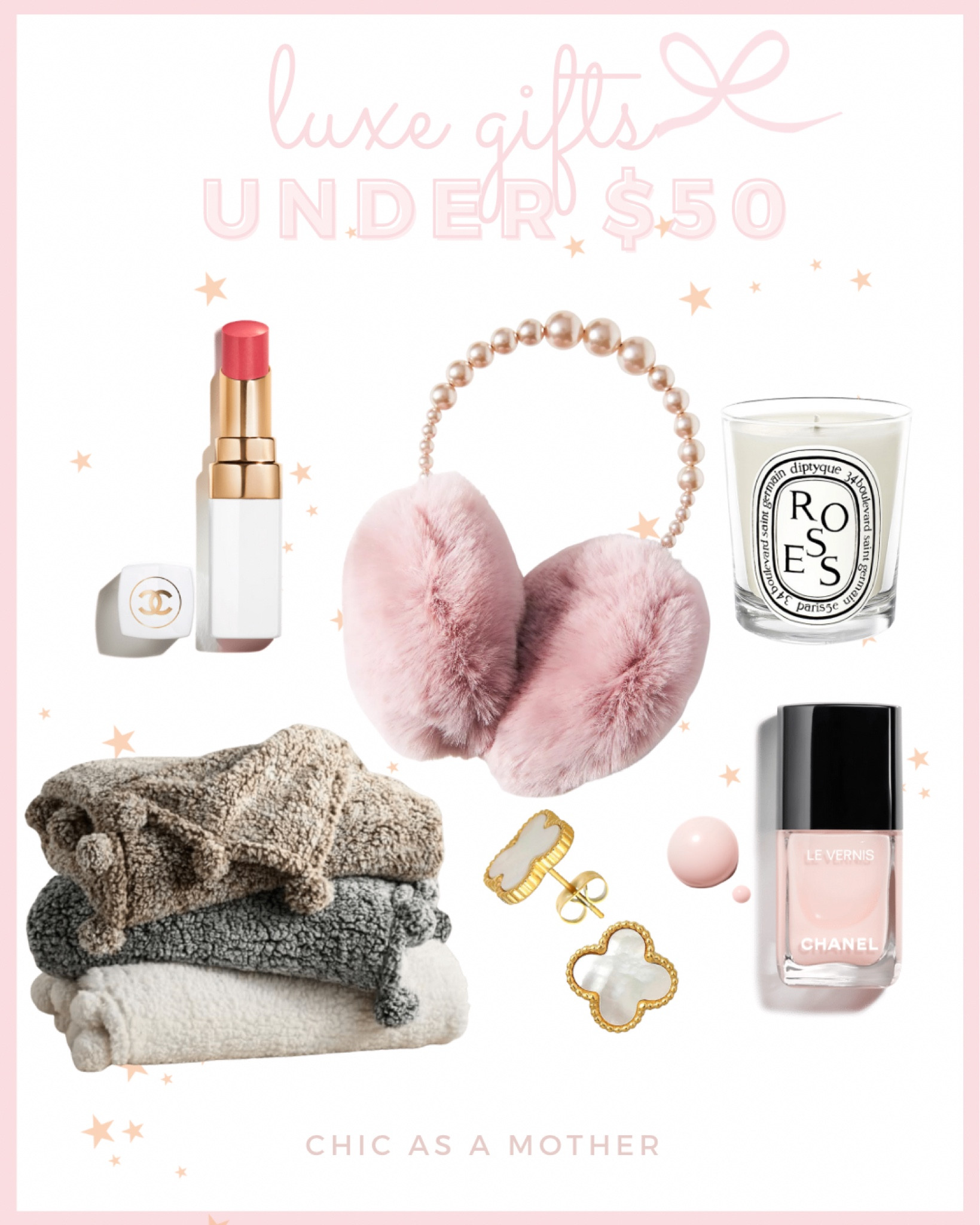 UNDER $50 - Luxe gifts that are so fun to give and receive! 💖
TIP: when you order directly from Chanel, every item comes wrapped in signature Chanel packaging! 🎁 

Chanel, Pottery Barn, Diptyque Roses candle, Van Cleef earring dupes, Anthro earmuffs, beauty gifts

#LTKunder50 #LTKGiftGuide #LTKbeauty