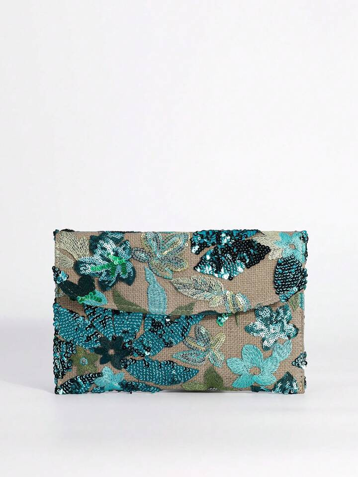 Sequin Embroidered Floral Envelope Bag, Ladies Fashion Sequin Patchwork Clutch Bag, Party Dinner ... | SHEIN