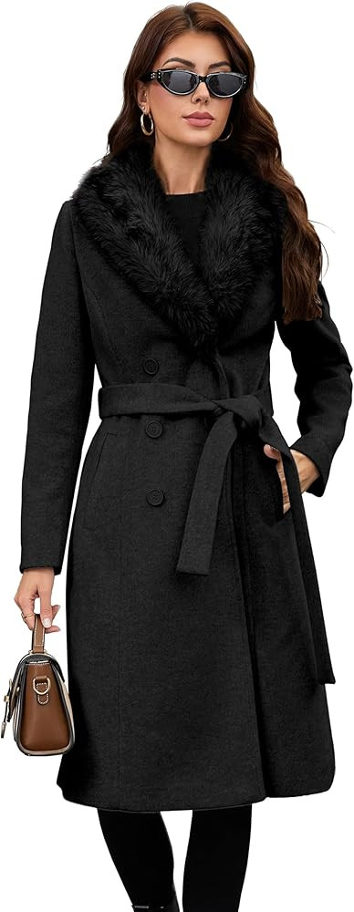 PAPILLON D'OR Langer Wollmantel für Damen, zweireihiger Trenchcoat mit Gürtel, abnehmbarer Kuns... | Amazon (DE)
