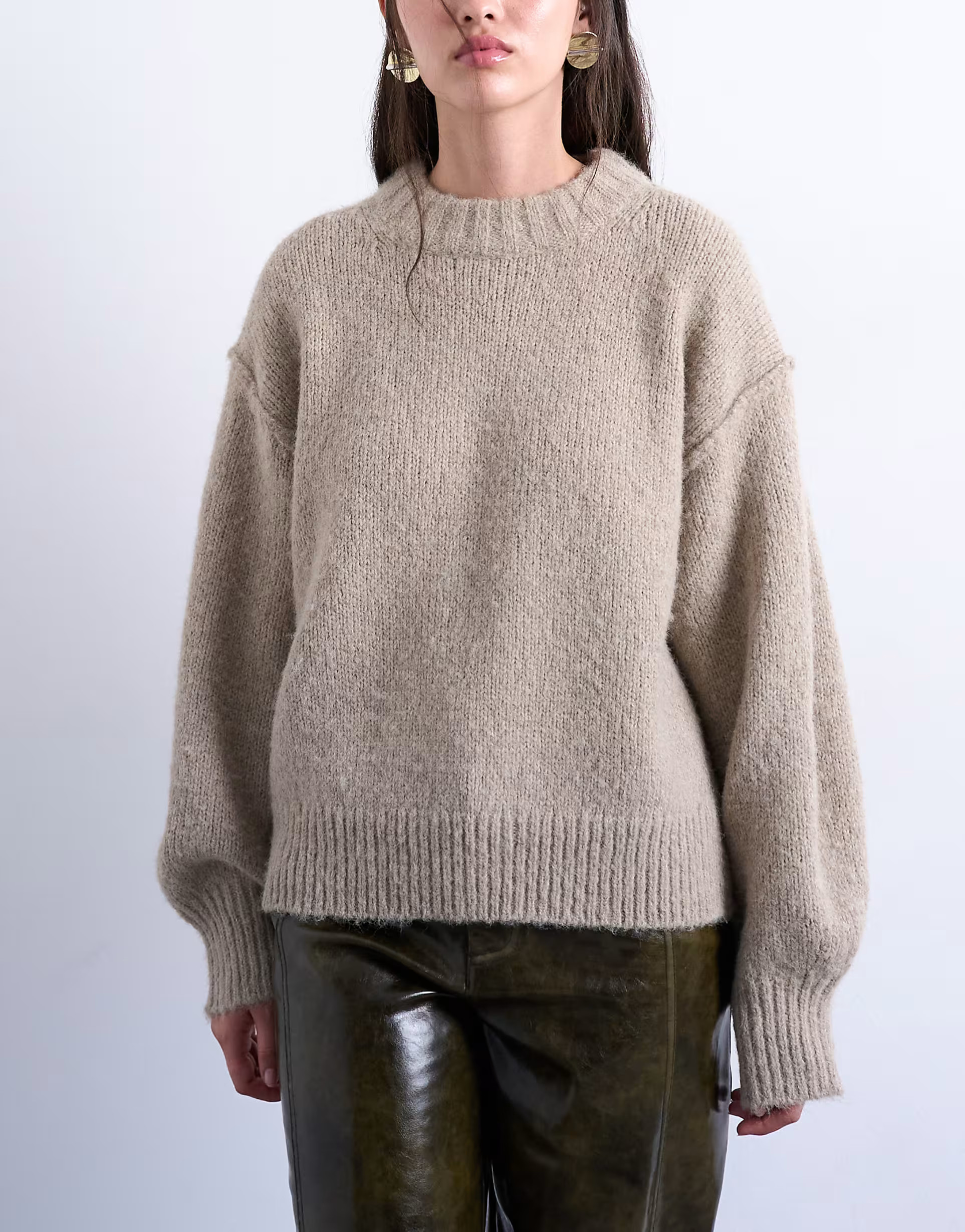Topshop knit wool blend fluffy exposed seams easy sweater in oat | ASOS (Global)