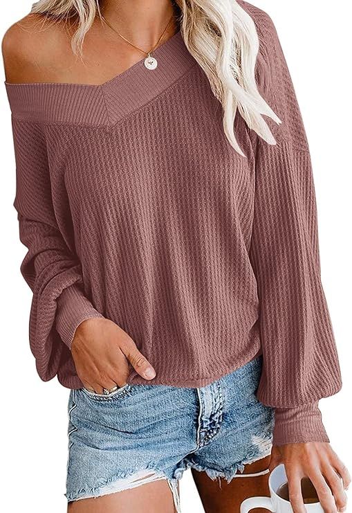 Dressmine Women's V Neck Long Sleeve Shirts Waffle Knit Off Shoulder Tops Oversized Pullover Swea... | Amazon (US)