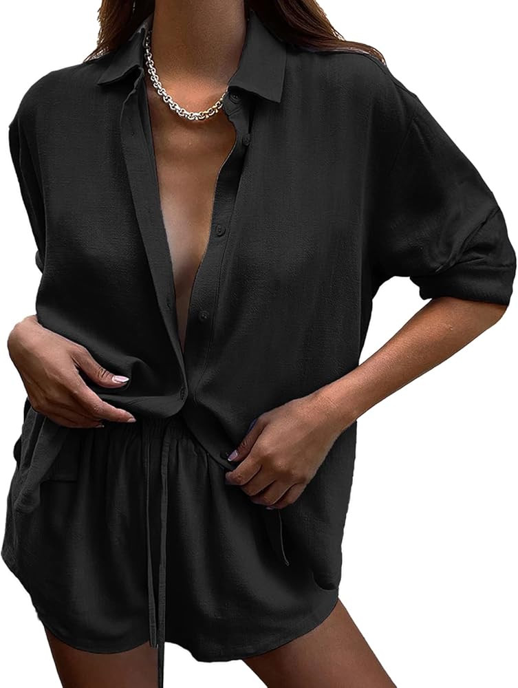 DEEP SELF 2 Piece Outfits for Women Summer Botton Down Long Sleeve Shirt with Shorts Set Casual M... | Amazon (US)