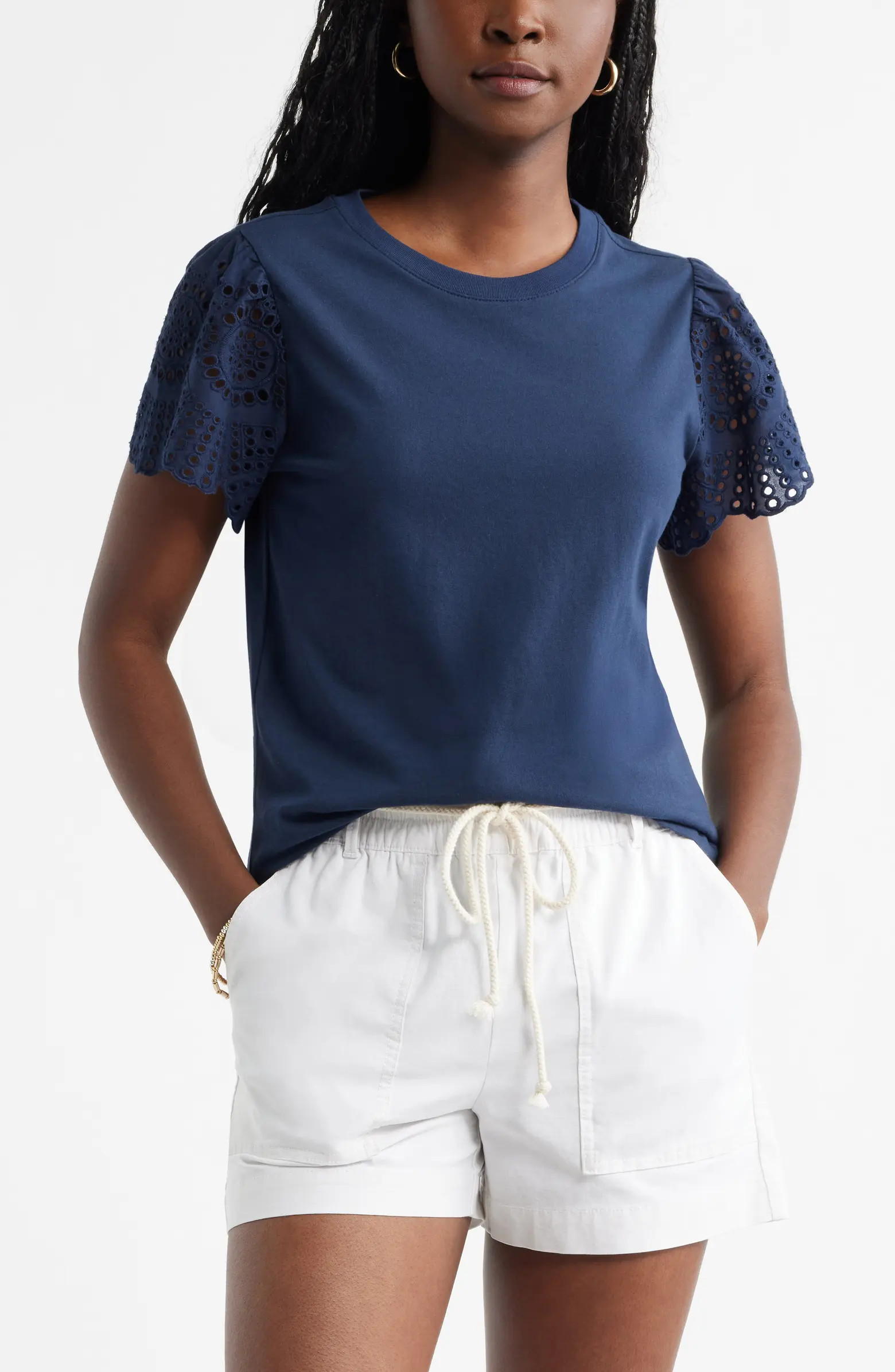 Caslon® Eyelet Sleeve Mixed Media T-Shirt | Nordstrom | Nordstrom