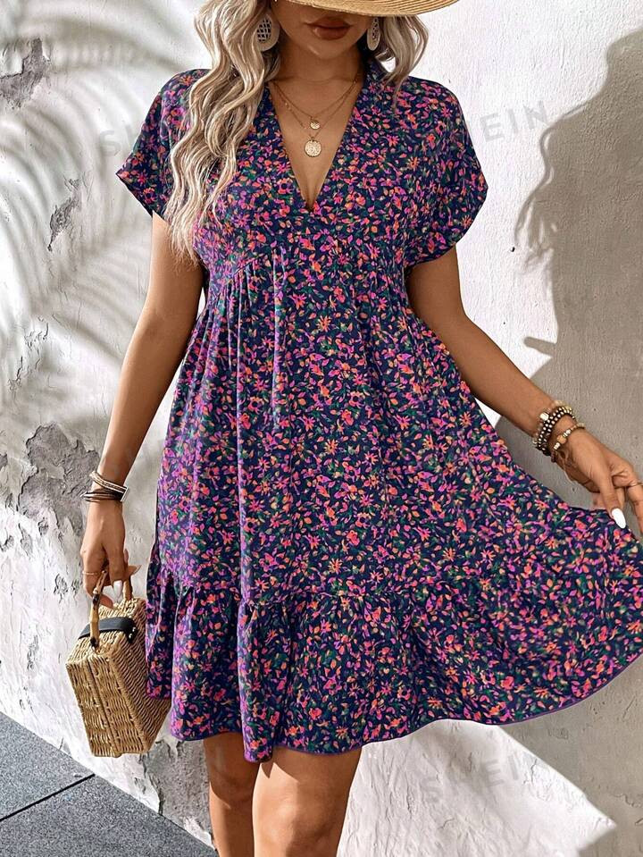 SHEIN LUNE Summer Casual Short Purple Dress With Ditsy Floral, Suitable For Vacation, Back To Sch... | SHEIN