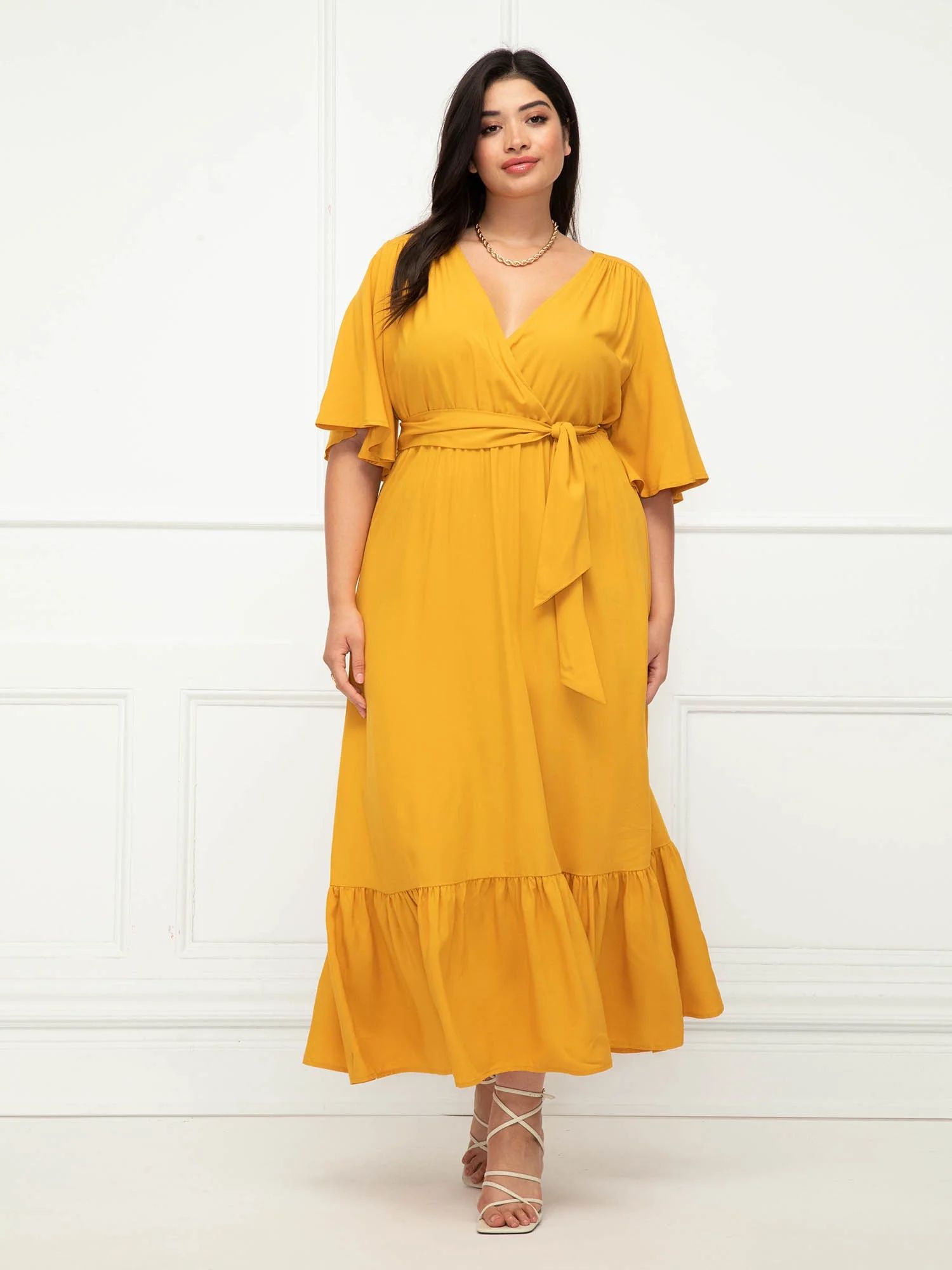 ELOQUII Elements Women's Plus Size Maxi Dress with Flutter Sleeves and Tie Neck | Walmart (US)