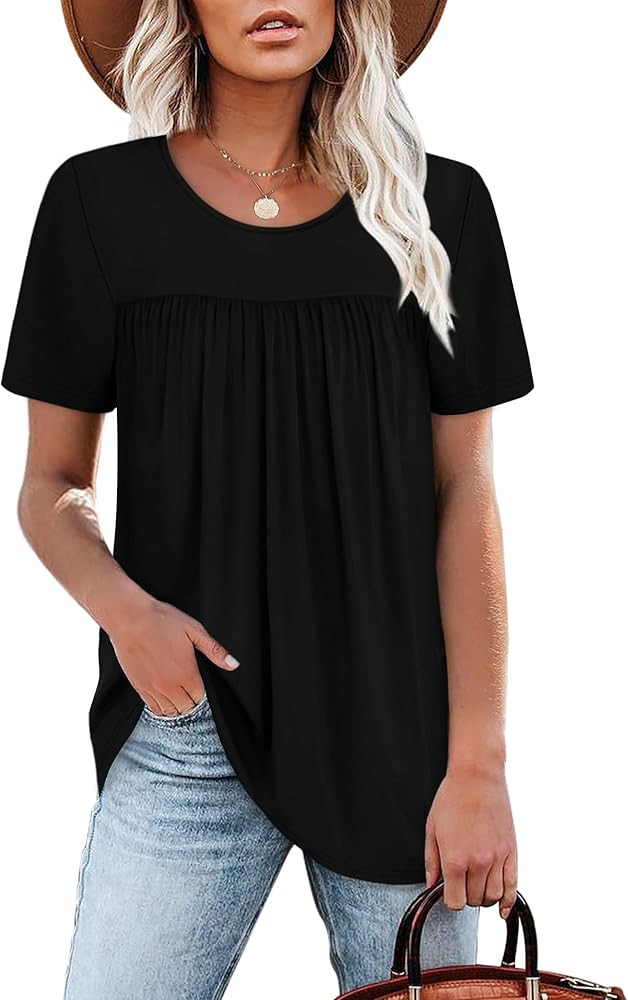 WIHOLL Womens Tops Short Sleeve T Shirts Pleated Dressy Casual Round Neck Summer Clothes Outfits ... | Amazon (US)