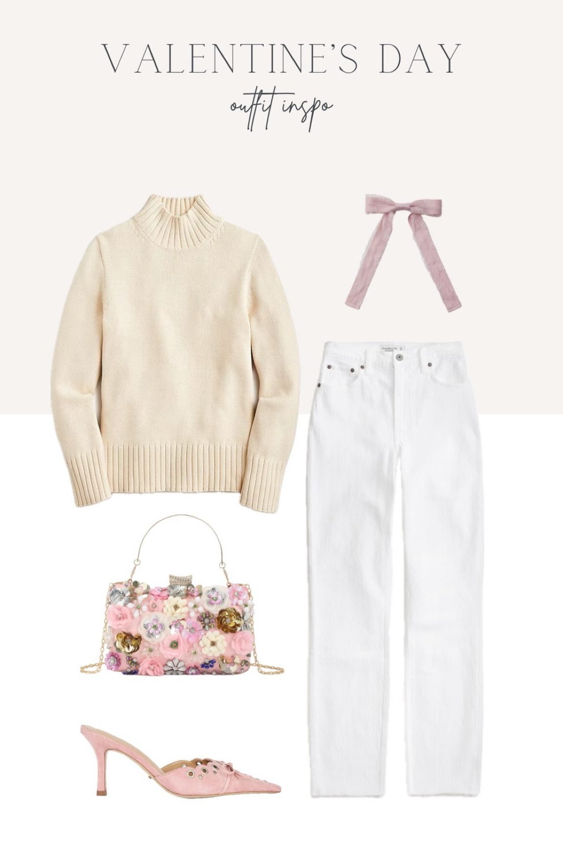 Valentine’s Day outfit idea, cream sweater, white jeans with pink accessories, monochromic outfit 

#LTKfindsunder100 #LTKstyletip