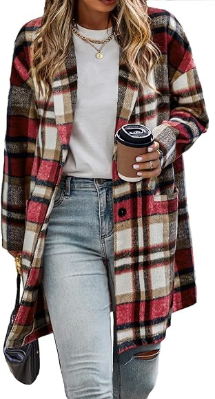 IN'VOLAND Women's Plus Size Flannel Plaid Shacket Coat Lapel Button Wool Blend Winter Tartan Tren... | Amazon (US)