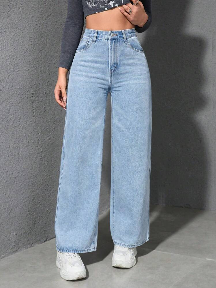 SHEIN EZwear Women's Pocketed Wide Leg Loose Casual Jeans Pants | SHEIN