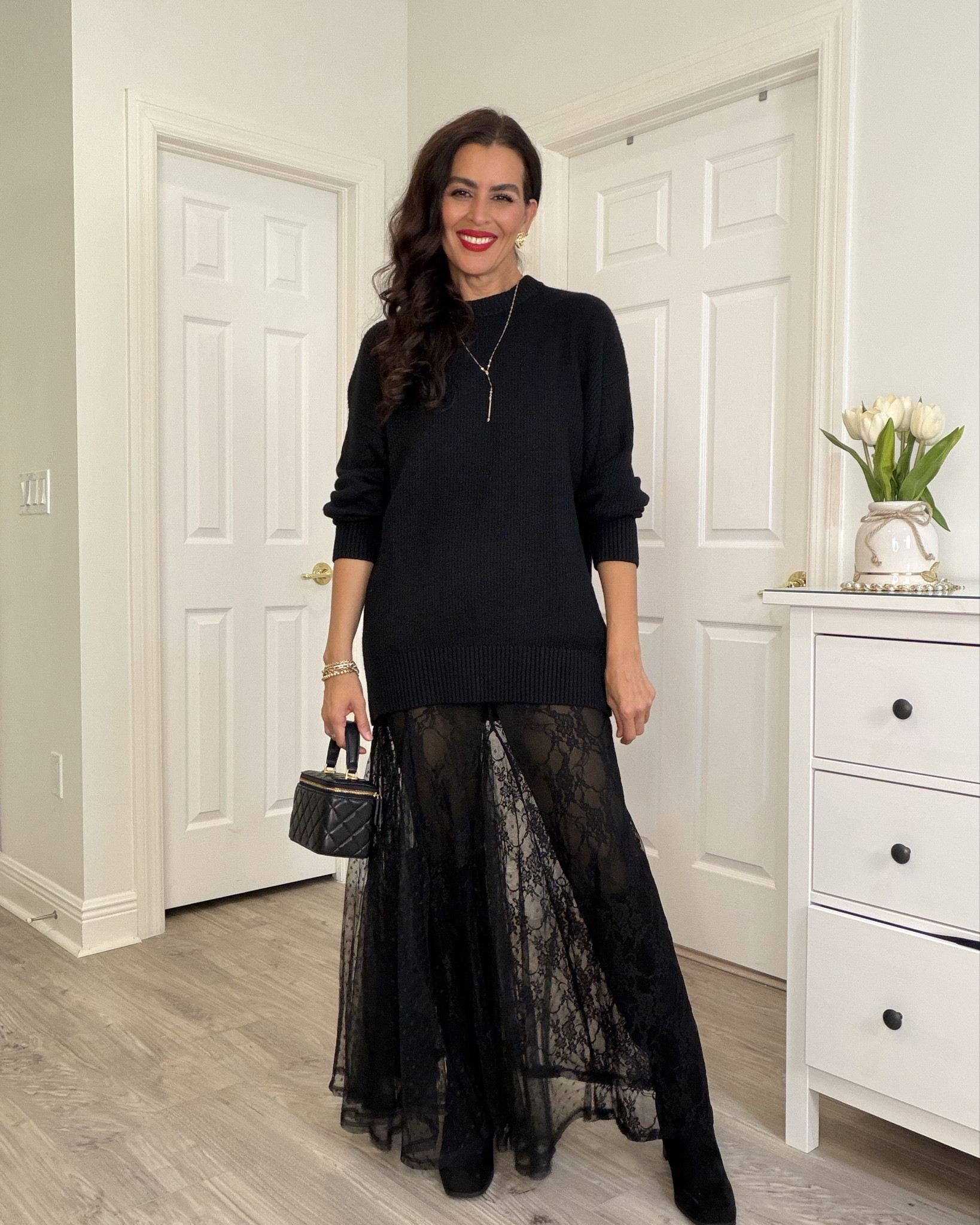 lace skirt style 3 ways! ⬇️⬇️
Size M in skirt.
Size 6 in black blazer.
Size L in sweater, for an oversize fit.
Size small and dress, available more colors
Size S/M in fleece line tights
Lipstick color is: Ruby woo.
Sling back pumps are very comfortable and available in more colors.
Maison Valentino belt is reversible brown/black.

#LTKHoliday #LTKootd #LTKFindsUnder50