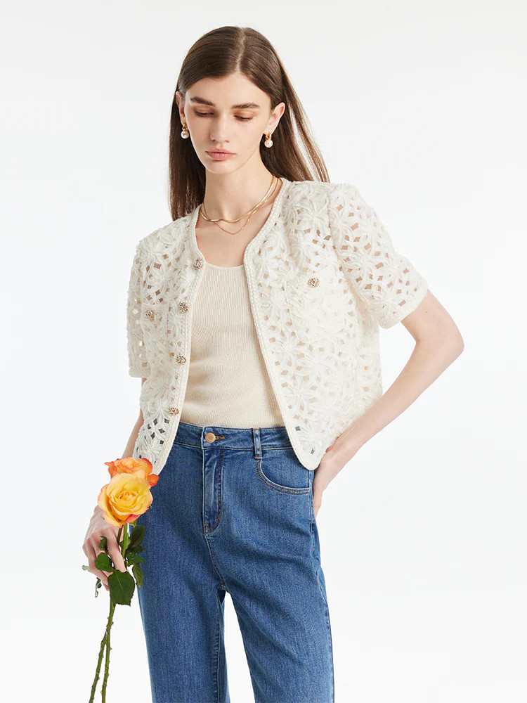 Openwork Single-Breasted Women Crop Jacket | GOELIA