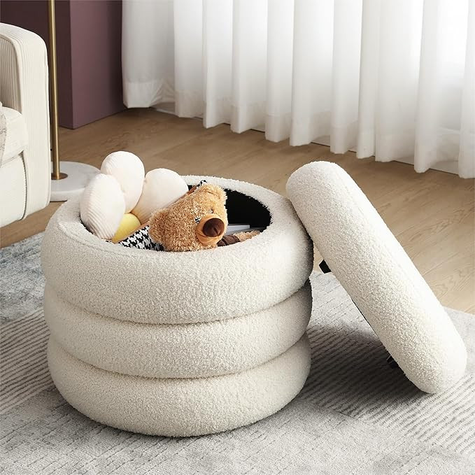 20" Round Storage Ottoman with Removable Lid, Off-White Boucle Fabric Footrest Pouf, Sherpa Tufte... | Amazon (US)