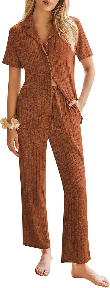 Ekouaer Womens Rib Knit Pajamas Button Up Lounge Sets Short Sleeve Top and Long Pants Matching Pj... | Amazon (US)