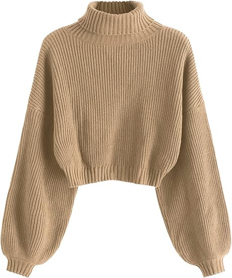 ZAFUL Women's Crew Neck Long Sleeve Pullover Crop Sweater Mock Neck Lantern Sleeve Ribbed Knit Cr... | Amazon (US)