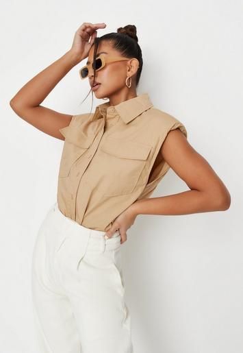 Missguided - Tan Shoulder Pad Sleeveless Shirt | Missguided (US & CA)