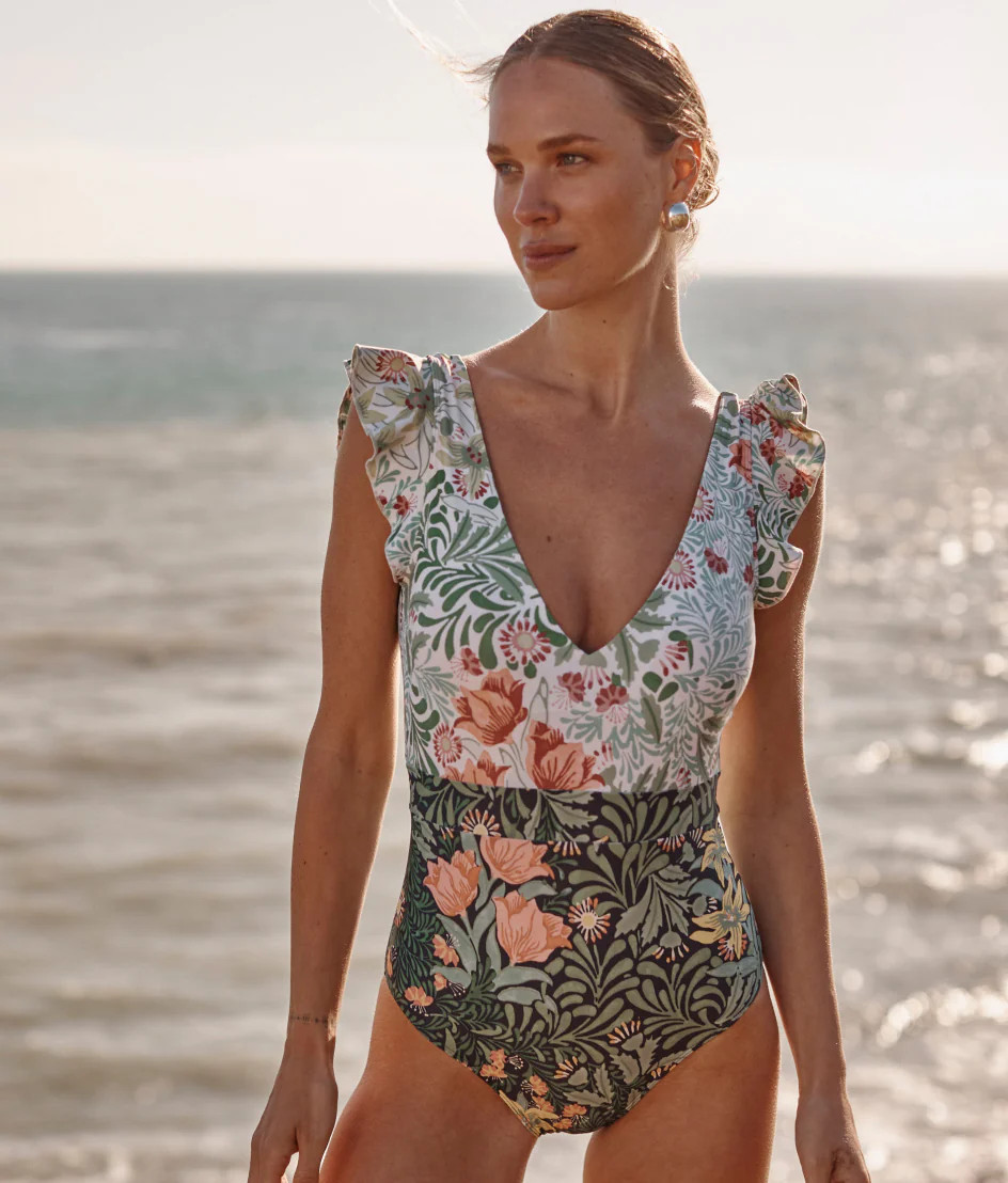 Summersalt x Morris & Co. The Ruffle Backflip - Bower in Seaglass & Watermelon Size: 8 | SummerSalt