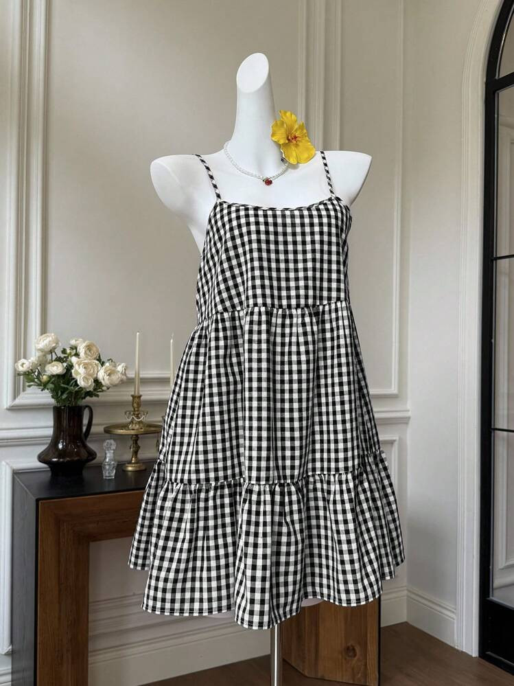 SHEIN EZwear Women's Summer New Plaid Pinafore Dress, Spaghetti Strap Backless Dress Vacation Dress | SHEIN