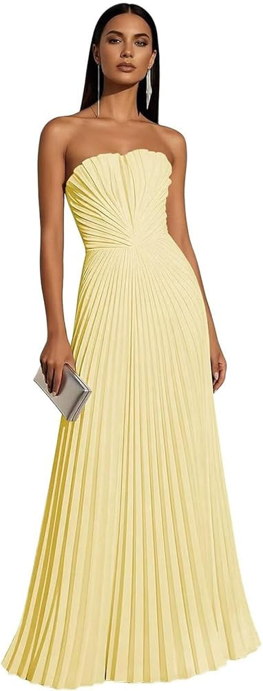Strapless Chiffon Prom Dresses 2026 Long Pleated Flowy A Line Formal Wedding Guest Maxi Dress for... | Amazon (US)