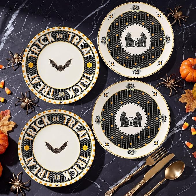 Reallnaive 4 Pcs Stoneware Gold Accent Halloween Dessert Plate Ceramic Vintage Bat Black Cat Plat... | Amazon (US)