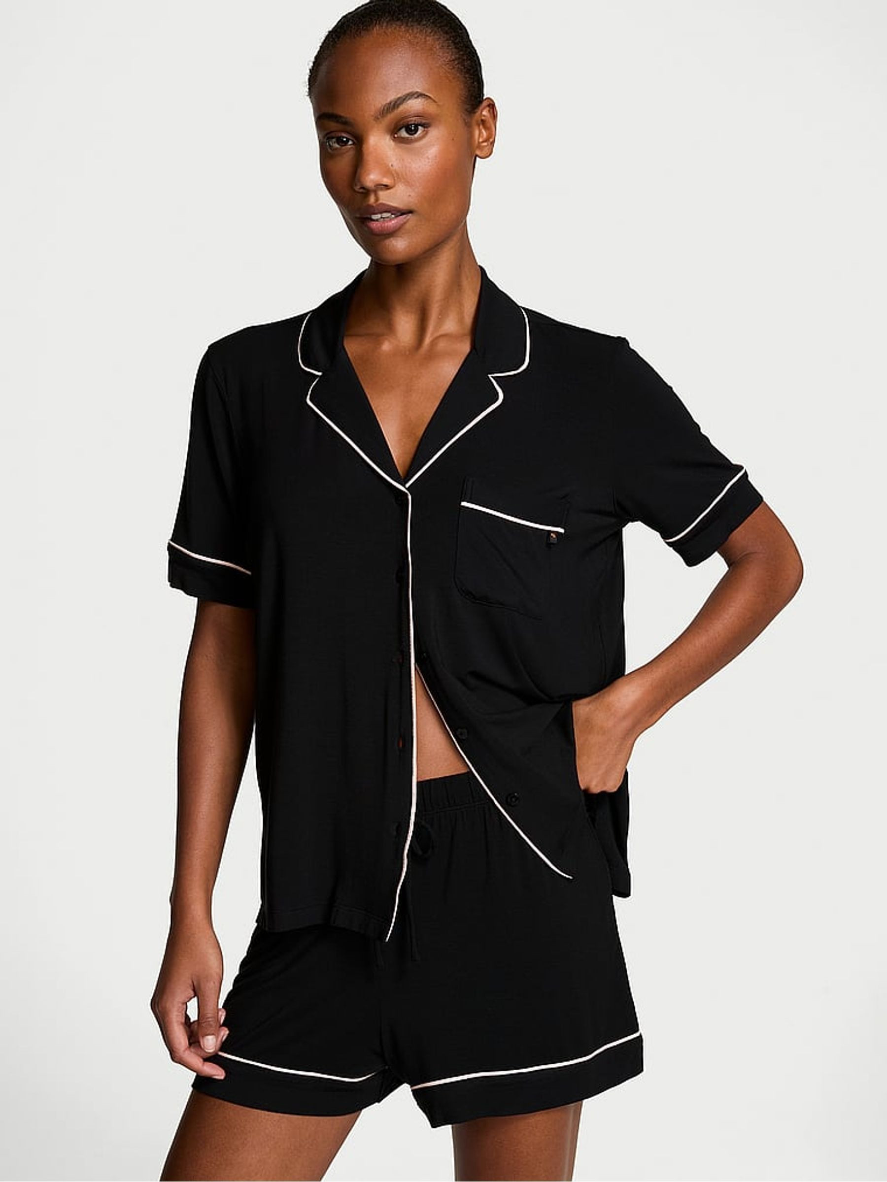Black with Angel Pink Piping Modal Short Pyjamas Set | Victoria's Secret UK