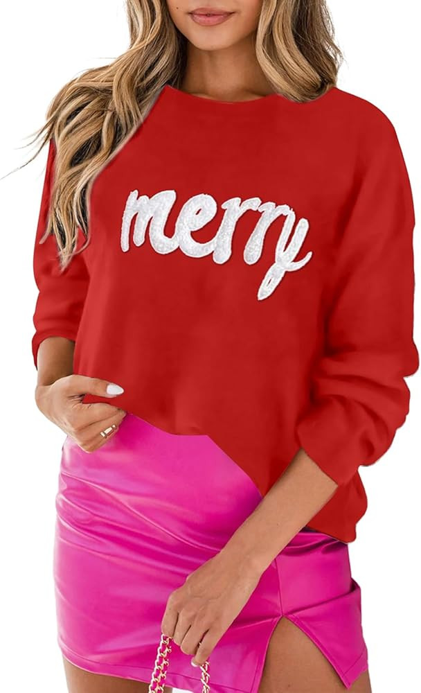 LEMAFER Women 2024 Merry Christmas Round Neck Sequin Letters Sweater Casual Solid Slogan Long Sle... | Amazon (US)