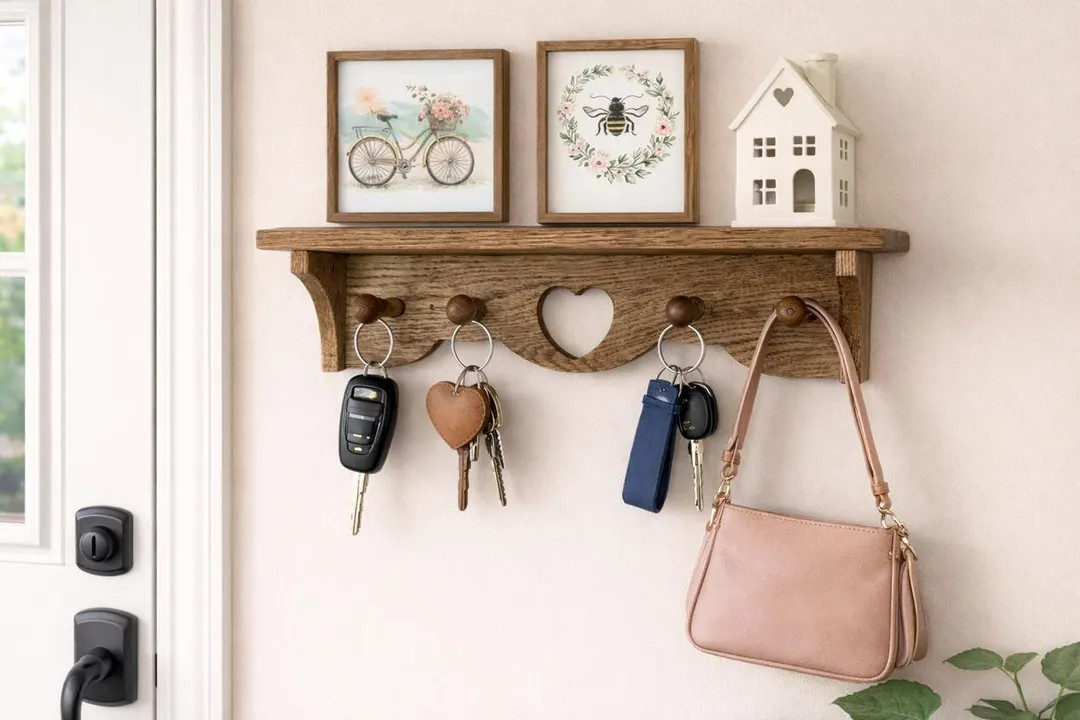Handmade Oak Wall Shelf With Heart Cutout – Rustic Farmhouse Key & Mug Holder - Etsy | Etsy (US)