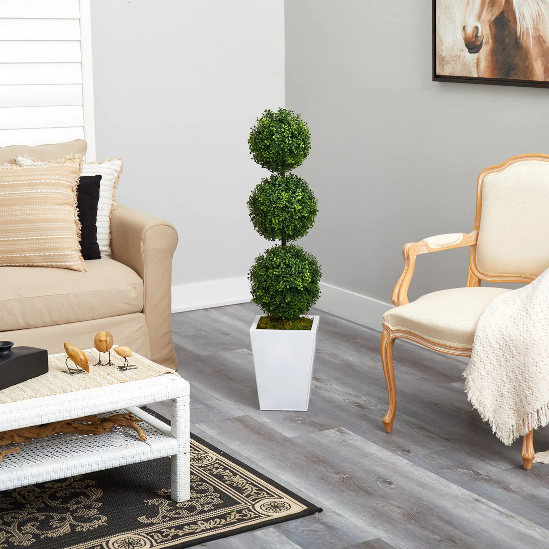 46\u201d Boxwood Triple Ball Topiary Artificial Tree in White Metal Planter (Indoor/Outdoor) | Ne... | Nearly Natural
