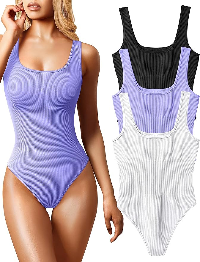 OQQ Women's 3 Piece Bodysuits Sexy Ribbed Sleeveless Square Neck Tank Tops Leotard 2025 Trendy Ou... | Amazon (US)