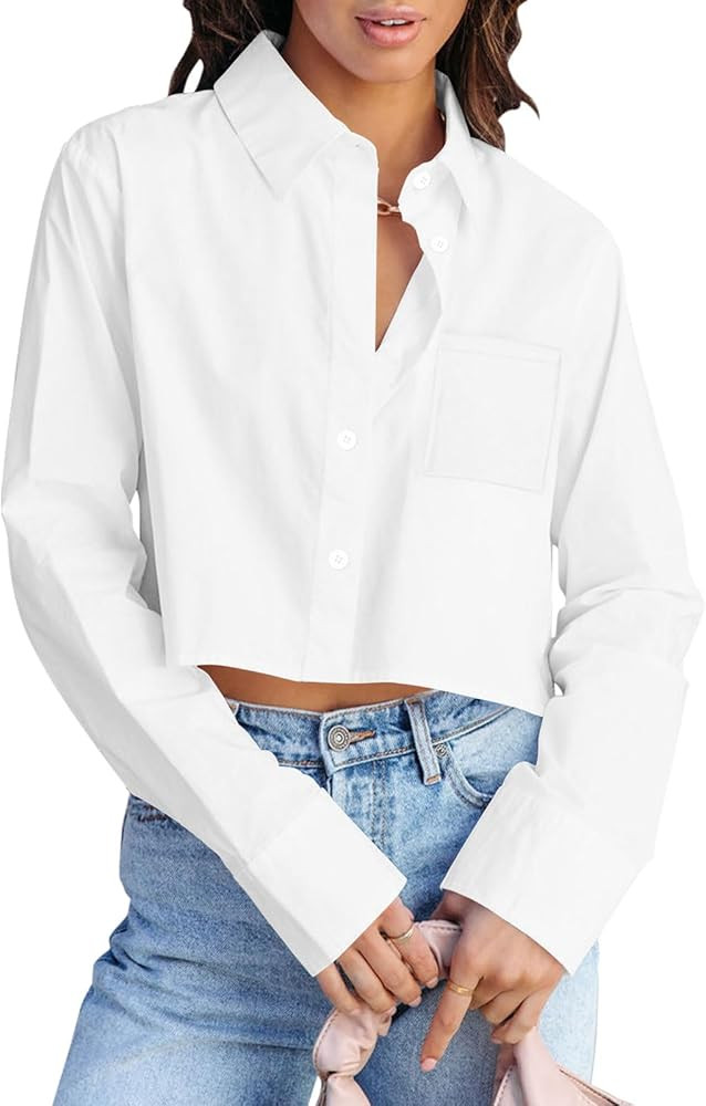 INFITTY Button Down Shirts for Women Long Sleeve Casual Crop Tops Solid Lapel Blouse Shirt with P... | Amazon (US)