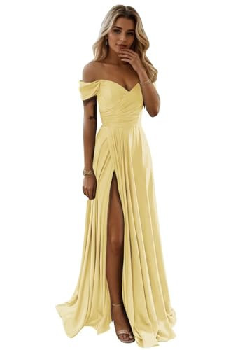 SoDigne Off The Shoulder Yellow Bridesmaid Dresses for Women Long Satin Plus Size Backless Formal Evening Party Gowns with Slit US28W | Amazon (US)