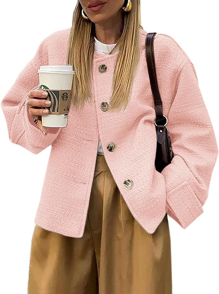 Tweed Jackets for Women Fall Long Sleeve Business Button Down Casual Cropped Blazer with Pockets | Amazon (US)