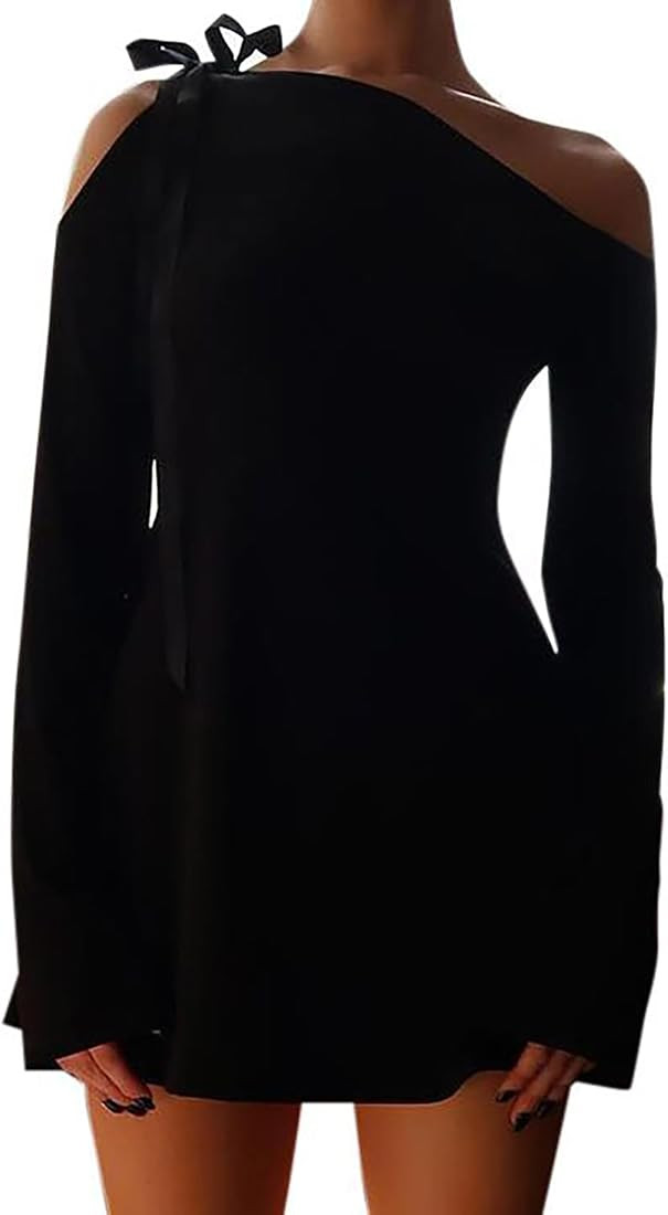 HYPERFIRE Women's Shoulder Tie Long Sleeve Asymmetrical Dress Boat Neck Cocktail Mini Dresses | Amazon (US)