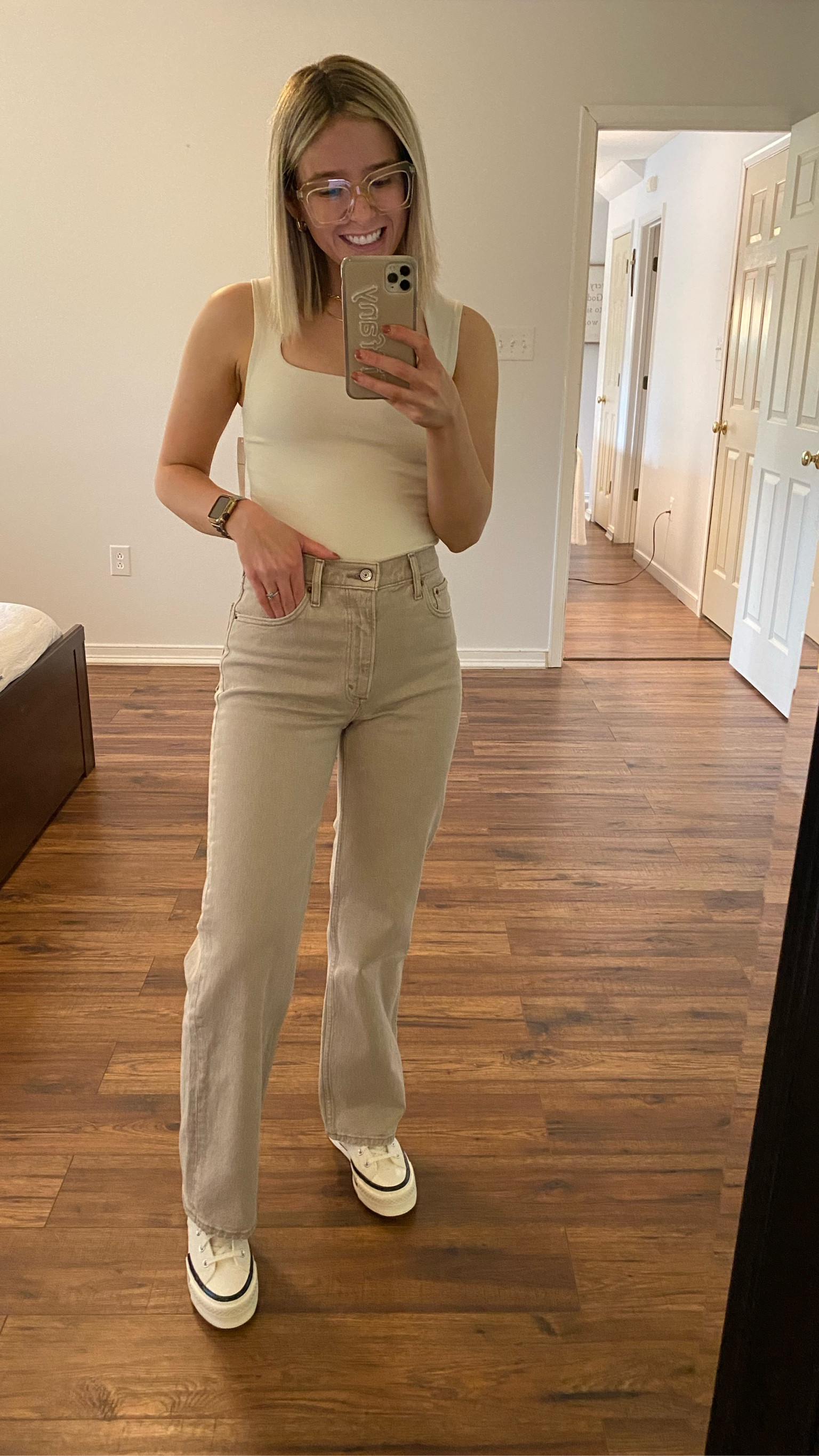 Abercrombie light taupe seamless square neck bodysuit size XS TTS

Abercrombie High Rise 90s Relaxed Jean in oat size 25s TTS

Converse size down at least .5 size (I sized down a full size)

#LTKunder100 #LTKstyletip #LTKsalealert