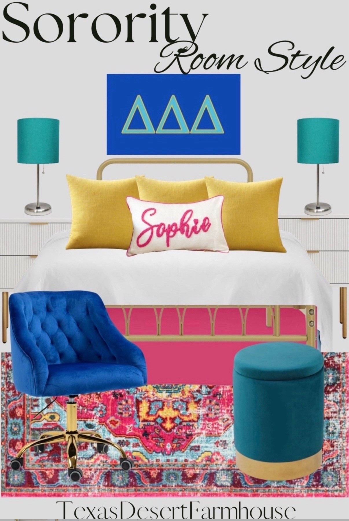 Tri Delta Sorority Bedroom Style & Inspiration

#dorm #collegedorm #sorority #collegedorm #dormstylw #apartmentstyle #colorfuldecor #bedskirt #tridelta #sororityflag #goldbedframe #teallamp #multicolorrug #arearug

Nestl Hot Pink Twin Bed Skirt - Twin Size Bed Skirt 14 Inch Drop - Brushed Microfiber Bed Skirts - Hotel Quality Pleated Bed Skirt - Shrinkage & Fade Resistant

Fuschia Mosaic Medallion 5' 3" x 7' 7" Area Rug
Simple Designs LT2044-TEL Brushed Steel Stick Table Desk Lamp with USB Charging Port and Drum Fabric Shade, Teal Shade

Personalized Baby Name Pillow Cover, Punch Needle Name Pillow, Nursery Gift, Kids Room Decor, Dorm Décor, Sleepover Party Favor

MIULEE Pack of 2 Couch Throw Pillow Covers 18x18 Inch Soft Yellow Chenille Pillow Covers for Sofa Living Room Solid Dyed Pillow Cases

ZOBIDO Comfy Home Office Task Chair with Wheels, Cute Modern Upholstered Velvet Seashell Back Adjustable Swivel Vanity Desk Chair, for Women, for Girls, Living Room(Royal Blue)

Mxfurhawa Velvet 23Qt Storage Ottoman Multipurpose Footrest Stool with Metal Base Modern Round Vanity Stool Chair Ottoman Foot Stools Support 300lbs Padded Seat for Living Room & Bedroom (Teal)
#LTKBacktoSchool #LTKSummerEdit #LTKStyleTip 

#LTKHome #LTKKids #LTKU