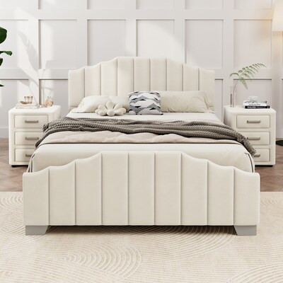 GZMR Queen Size Beige Velvet Upholstered Platform Bed Beige Queen Wood Bed frame Bed | Lowe's