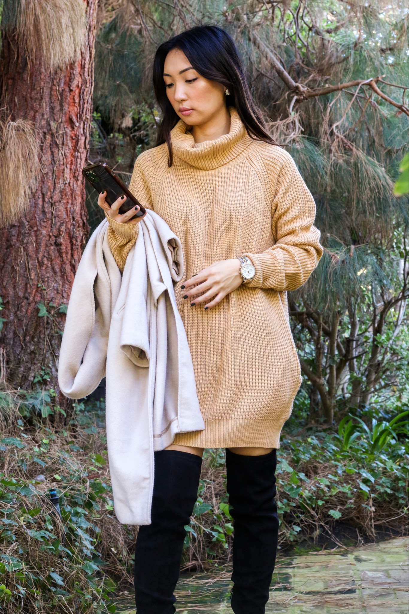 Amazon Fashion oversized turtleneck sweater dress, Nordstrom over the knee boots, Abercrombie coat, Michael Kors Watch, Dareth Colburn Designs earrings

#LTKstyletip #LTKSeasonal #LTKHoliday