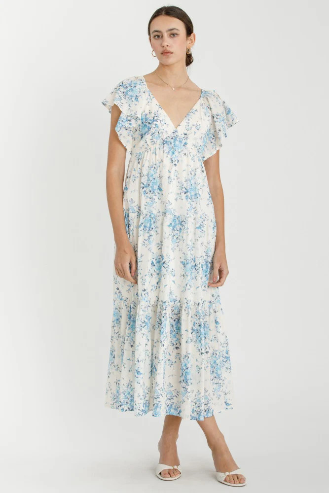 Light Blue Floral Flutter Sleeve Tiered Maxi Dress | PinkBlush Maternity
