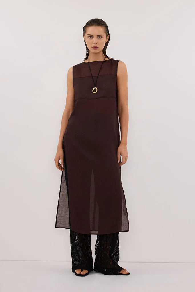 KAI BURNT CHOC SLEEVELESS RAMIE TUNIC TOP | DISSH