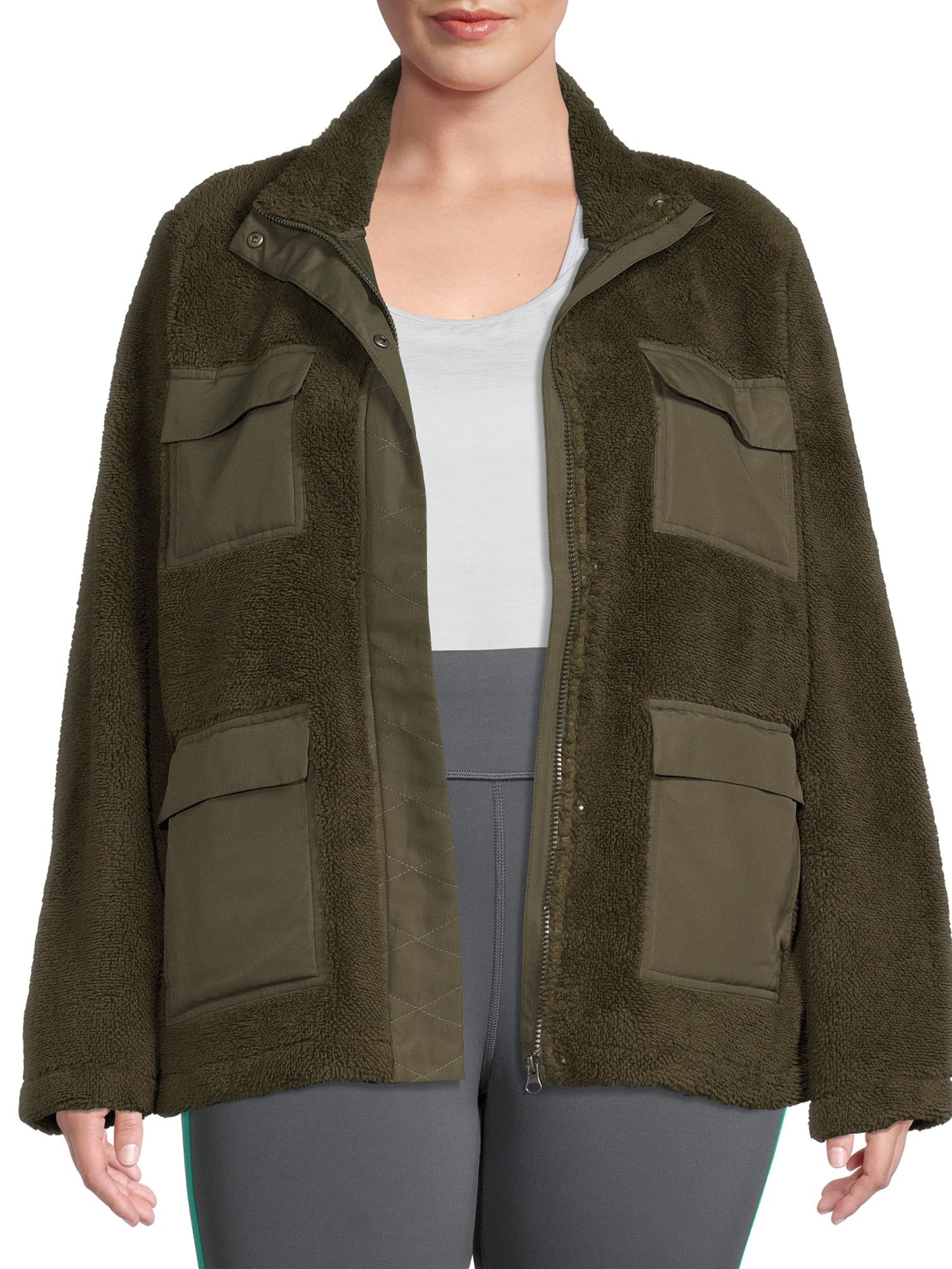 Avia Women's Plus Size Faux Sherpa Utility Jacket with Pockets - Walmart.com | Walmart (US)
